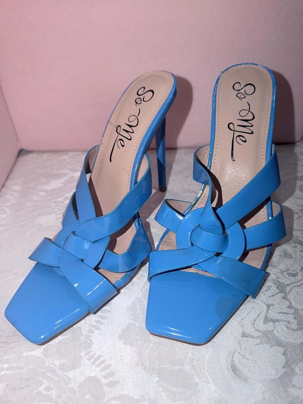 So Me Blue Patent Leather Square Toe Strappy High Heel Sandals Size 10